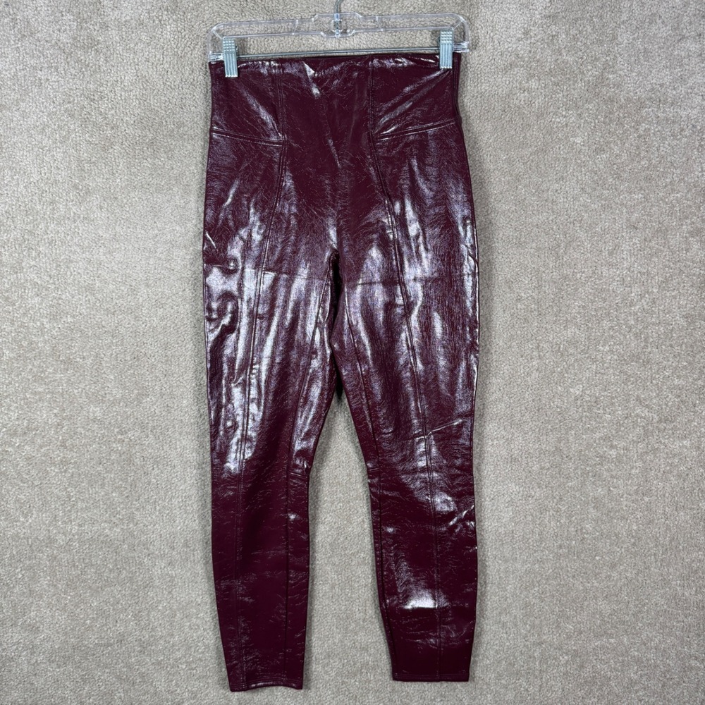 Spanx Patent Faux Leather Leggings Womens Small Petite Burgundy High Waist Gloss